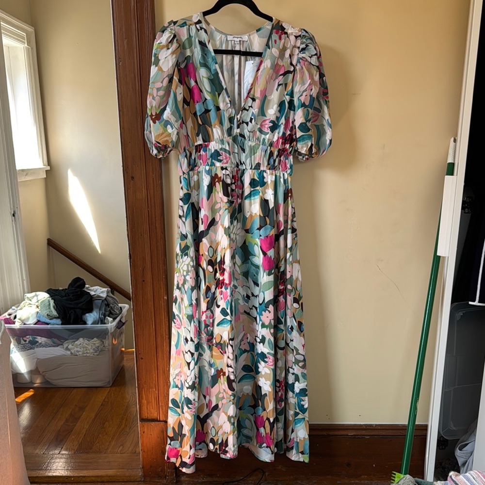 Pink and Green Puff Sleeve Maxi Dress for Weddings